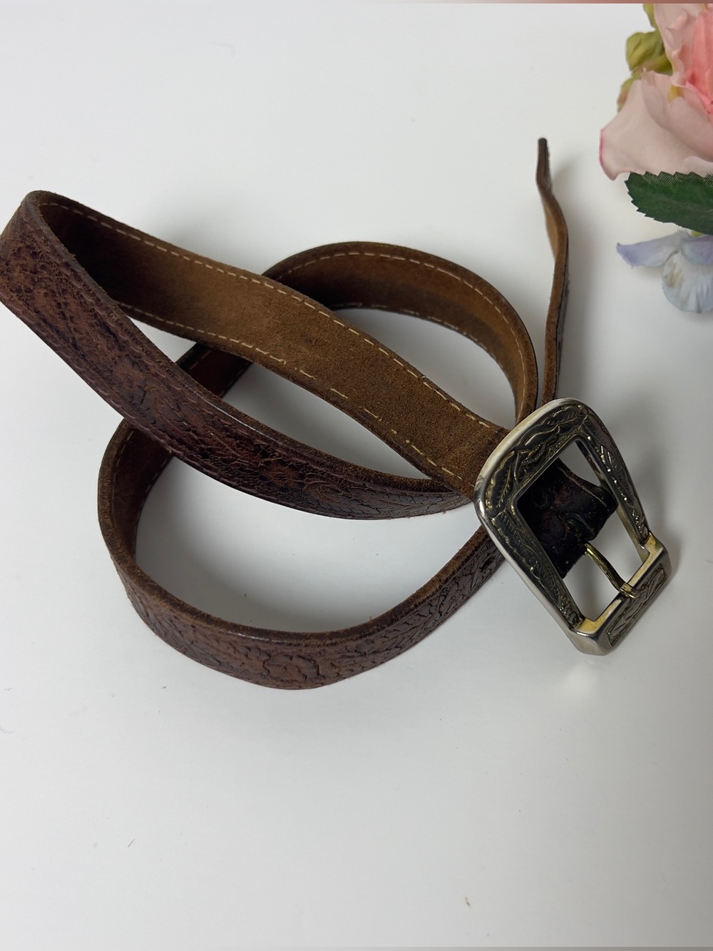 Vintage Leather Western Belt- silver-tone buckle